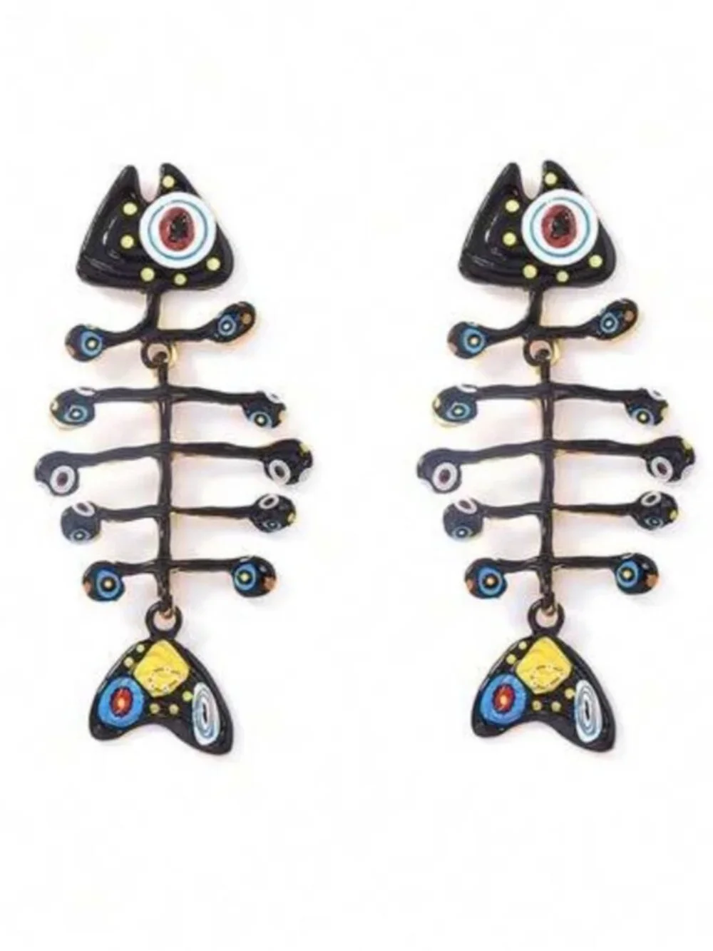 Statement Black Enamel Fishbone Drop Earrings Q1124